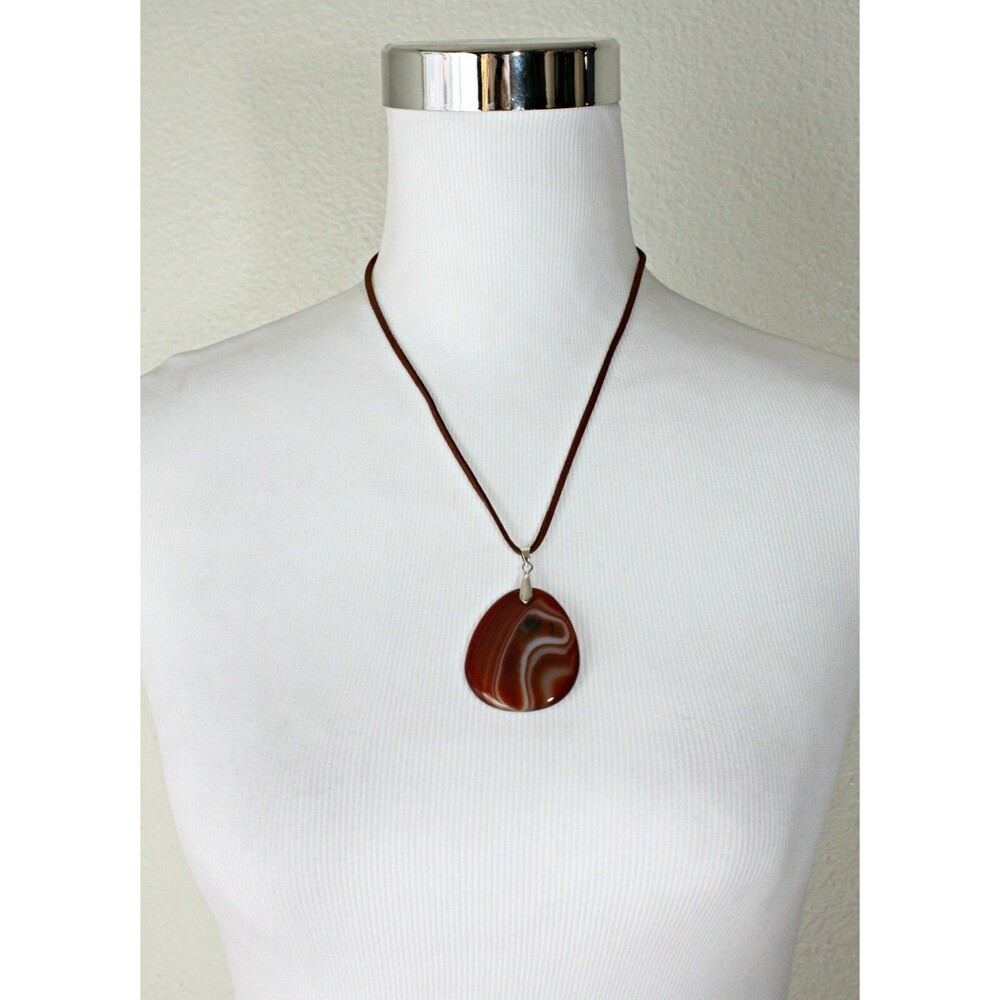 OOAK Unique Agate Stone Pendant Necklace Light Brown Teardrop Stone White Waves - Picture 3 of 5